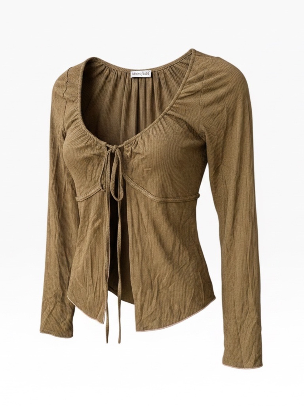 Bloomfield Olive Tie-Front Ribbed Long-Sleeve Blouse